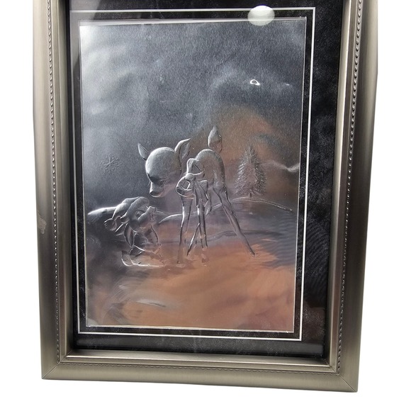 Fetco Home Decor Framed Embossed Metal Art Deer Fawn Winter Scene - Picture 1 of 9